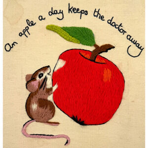 Vintage Finished Crewel Embroidery Mouse Erica Wilson An Apple a Day Doctor READ